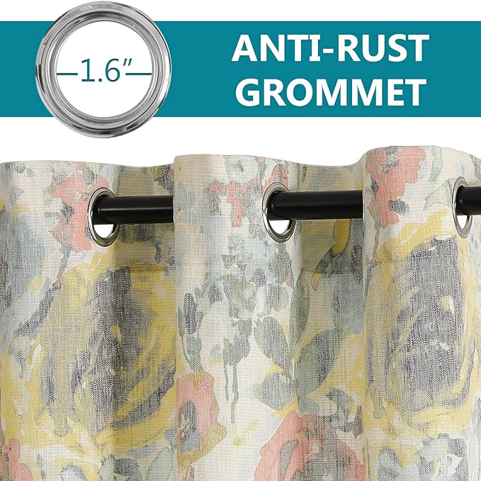 MYSKY HOME Flax Linen Curtains 63 Inches for Bedroom Linen Style Curtain Draperies for Living Room Vintage Floral Printed Pattern Drapes with Grommet, 2 Panel, 52 x 63 Inch, Yellow and Natural