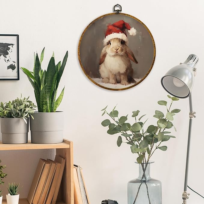 XPH Vintage Christmas Bunny Round Wall Art Framed, Rustic Christmas Rabbit Circle Wall Decor, Cottage Cozy Winter Xmas Bunny Hanging Canvas Prints for Home Bedroom Living Room Decoration, 10x10 Inch