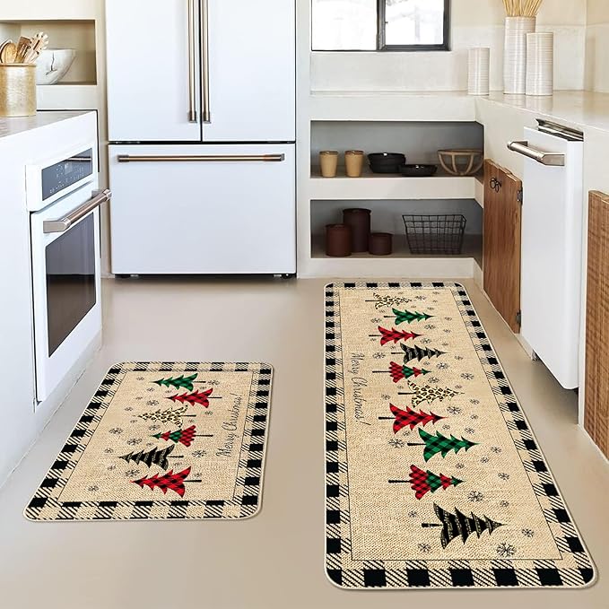 VAKADO Christmas Buffalo Plaid Door Mat (2-Pieces) Stain and Fade Resistant Non-Slip Rubber Backing Entrance Rug Easy to Clean for Kitchen Door Front Doormat (17x29 Inch,17x47 Inch)