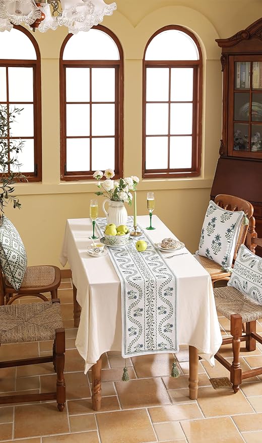 ISAENNE Designer White Elegant Linen Table Runner 102 Inches Long,Chinoiserie Floral Decor Durable Table Runners for Dining Tables,Thanksgiving,Kitchen Tables,Christmas,12"*102"-Mosella D