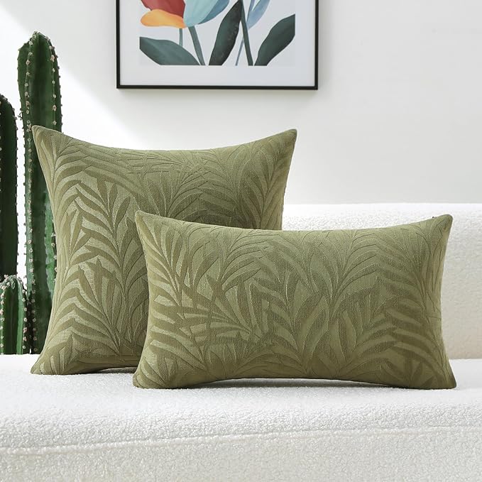 FUTEI Olive Green Decorative Throw Pillow Covers 26x26 Inch Set of 2,Soft Chenille Phoenix Tail Leaf Textured Euro Pillow Shams,Modern Home Decor for Couch Bed Living Room