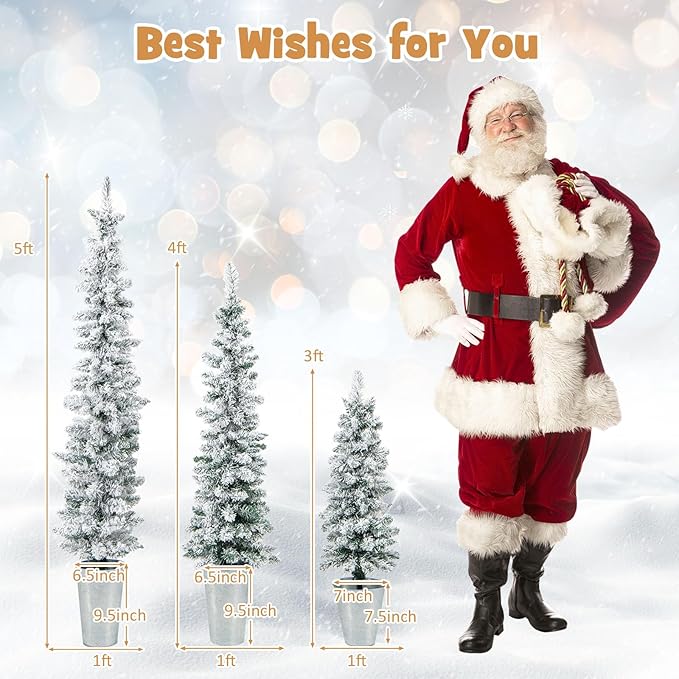 GOFLAME Set of 3 Potted Christmas Tree Snow Flocked, 3’ 4’ 5’ Slim Pencil Trees with 120, 140, 160 Branch Tips & Cement-Filled Metal Bases, Artificial Entrance Xmas Trees for Porch, Front Door
