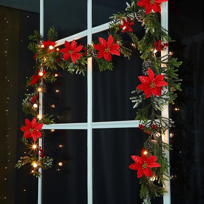 Juegoal 2 Pack Christmas Garland, 9' Pre-lit Artificial Xmas Flocked Garlands, Lighted Poinsettia Spruce Timer & Battery Operated with Lights, Garden Home Winter New Year decor, Geen, Red (YO-TTSZ-2)