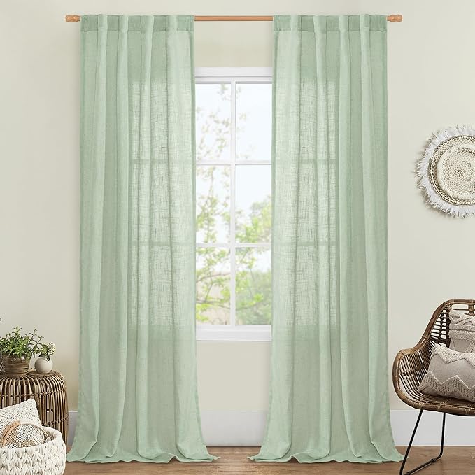 LAMIT Fresh Green Linen Curtains for Living Room, 84 inch Length Light Filtering Semi Sheer Drapes Back Tab and Rod Pocket Farmhouse Panels for Bedroom, 2 Panels, 34 x 84 Inch