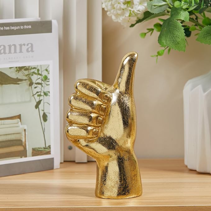 Gold Decor “Good Job” “Thumb Up” ASL Hand Sign, Classic Gesture Hand Sculpture for Christmas New Year Birthday 8.46 inch Polyresin Figurine