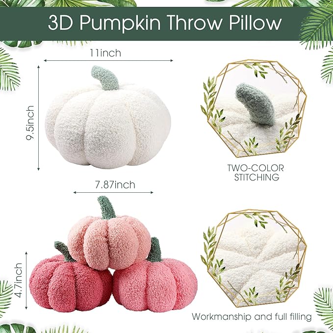 Kajaia 4 Pcs Fall Decor Pumpkin Throw Pillow Fall Pillow 11 Inches 7 Inches 3D Cushion Thanksgiving Sherpa Plush Fluffy Stuffed for Autumn Halloween Christmas Home Sofa(White, Pink Series)
