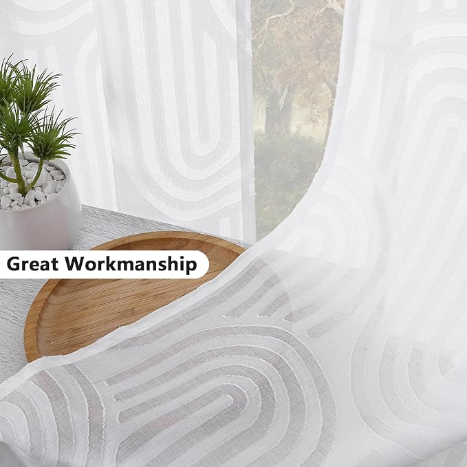 Simplebrand Sheer White Kitchen Curtains 36 Inch Length 2 Panels Set for Window, Soft Airy Geometric Jacquard Semi Sheer Curtains for Bathroom, Modern Rod Pocket Window Curtains, 42Wx36L Inches