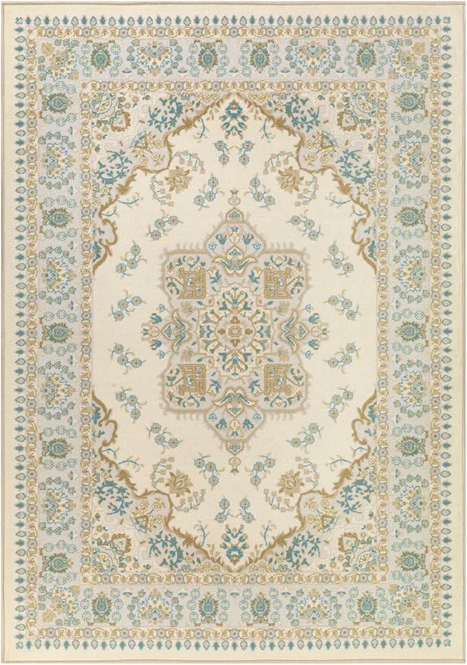Antep Rugs Alfombras Oriental Traditional 5x7 Non-Skid (Non-Slip) Low Profile Pile Rubber Backing Indoor Area Rugs (Blue Beige, 5' x 7')