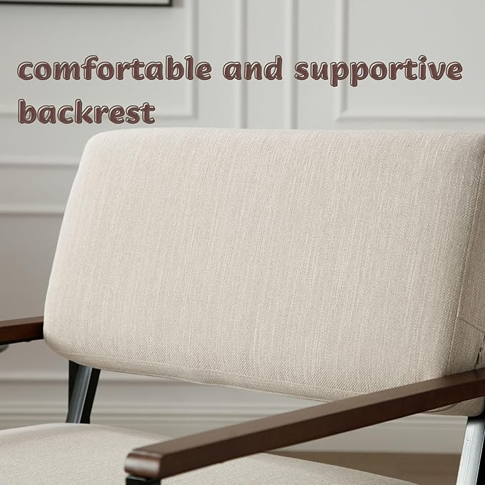 Set of 2 Mid Century Modern Accent Chair Arm Chairs, Comfy Armchair Linen Upholstered with Black Metal, Beige