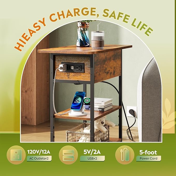 WLIVE End Table with Charging Station, Flip Top Side Table with Storage Shelf, Sofa Couch Table with USB Ports and Outlets, Narrow Bedside Table for Living Room, Bedroom ,11.81"D x 23.62"W x 24.33"H