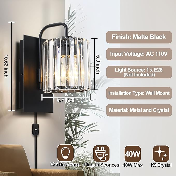 Plug in Sconces, Square Crystal Sconce Black Plug in Wall Sconce Modern Crystal Wall Lamp with On Off Dimmer Cord, Glass Wall Light Fixtures for Living Room Bedroom Hallway Bedside