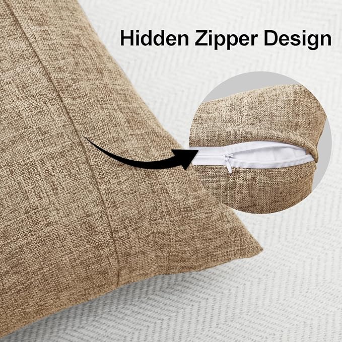JIUZHEN 18x18 Inch Khaki Faux Linen Pillow Covers Set of 2, Earth Tone Neutral Cushion Covers for Living Room Bed, Washed Texture Zipper Closure