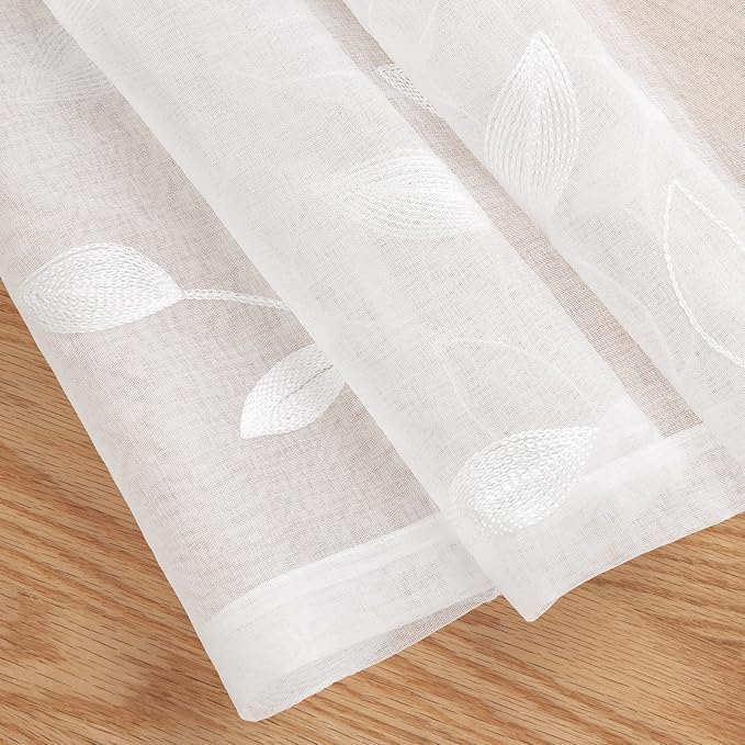 HOMEIDEAS White Sheer Kitchen Curtains 30 X 36 Inch Length 2 Panels Embroidered Leaf Pattern Short Curtains for Small Window Valance Tiers