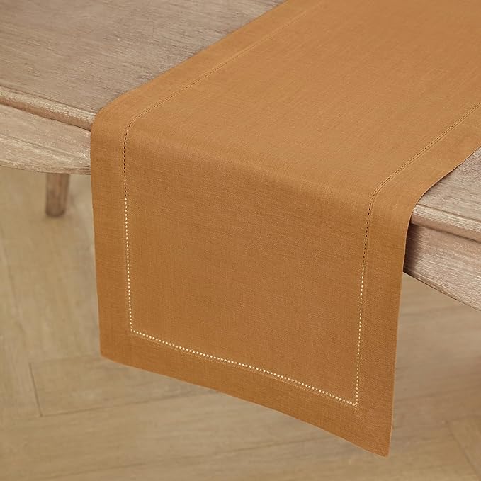 Solino Home Linen Brown Sugar Table Runner 108 Inches Long - 100% Pure Linen 14 x 108 Inch Table Runner for Fall, Autumn, Thanksgiving - Classic Hemstitch