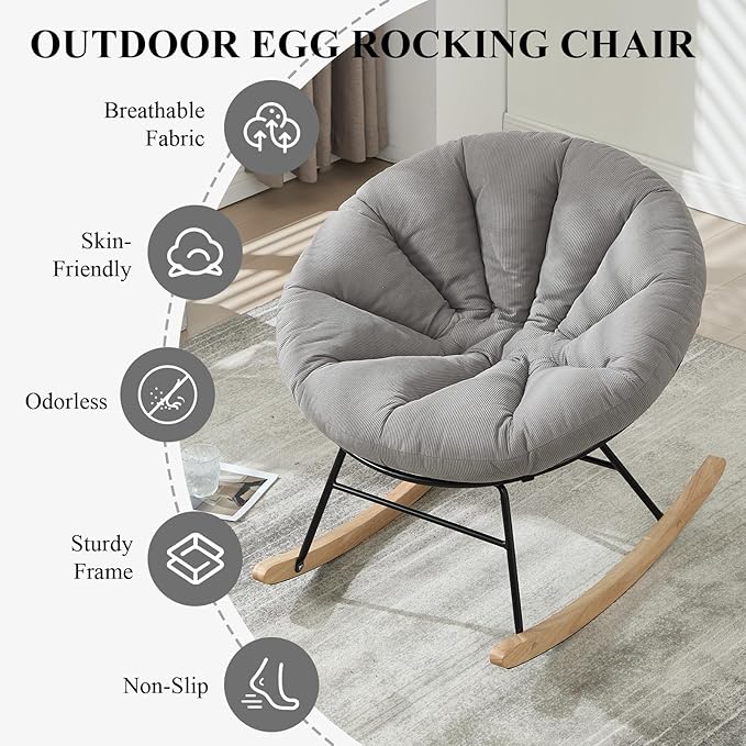 NIOIIKIT Nursery Saucer Rocking Chair, Corduroy Upholstered Round Glider Chair, Nursing Chair with Comfy Cushion, Tufted Papasan Chair, Cozy Reading Chair for Living Room, Bedroom (Grey)