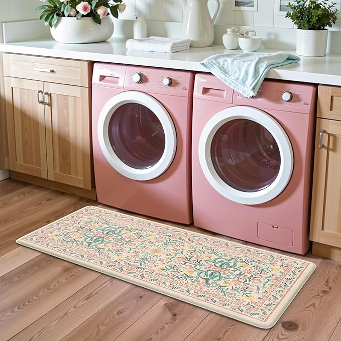 Collive Anti Fatigue Kitchen Mats, Cushioned Floral Kitchen Rugs Non Slip Waterproof Sink Mat, Memory Foam Comfort Standing Rug for Office, Laundry, Bedroom, Home Decor, 20"x39" Pink