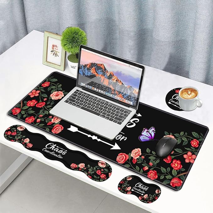 4 in 1 Ergonomic Memory Foam Mouse Pad Wrist Rest Set, Large Gaming Desk Pad + Keyboard Wrist Rest + Mouse Wrist Cushion + Coaster for Home Office Study Gaming, Colored Floral Quote Chaos Coordinator