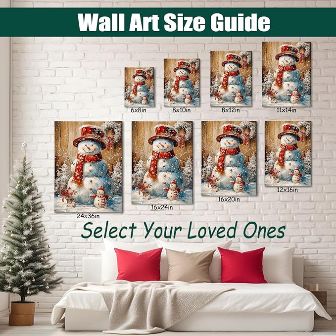 Vintage Snowman Christmas Canvas Wall Art, Framed Rustic Christmas Print Picture for Living Room Bedroom Decor, Ideal Christmas Wall Art Decorations and Holiday Gifts