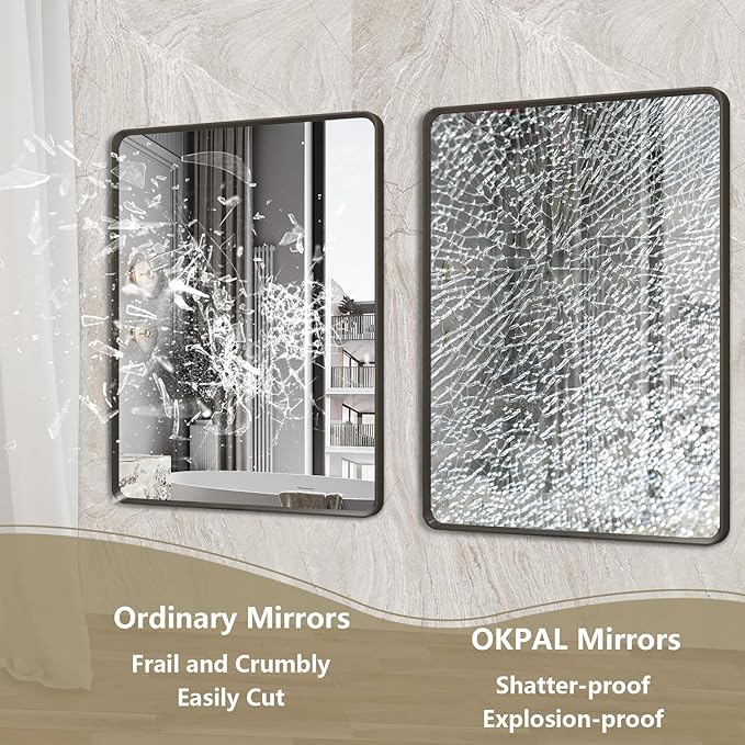 OKPAL 48X36 Inch Black Metal Framed Bathroom Mirror, Matte Black Bathroom Vanity Mirror, Large Black Rounded Rectangle Mirror for Farmhouse, Rustproof, Shatter-Proof (Horizontal/Vertical)