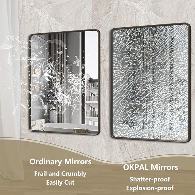 OKPAL 44X32 Inch Matte Black Bathroom Mirror, Black Framed Bathroom Vanity Mirror, Black Rectangle Mirror, Round Corner, Rustproof, Shatter-Proof (Horizontal/Vertical)