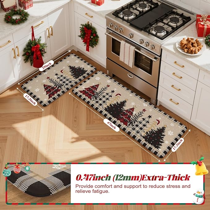 Merry Christmas Xmas Tree Kitchen Mats for Floor, Cushioned Anti Fatigue Kitchen Mat Sets of 2 Waterproof Sink Rugs, Buffalo Plaid Non Skid Comfort Standing Rug for Desk Home Decor, Tan/Black