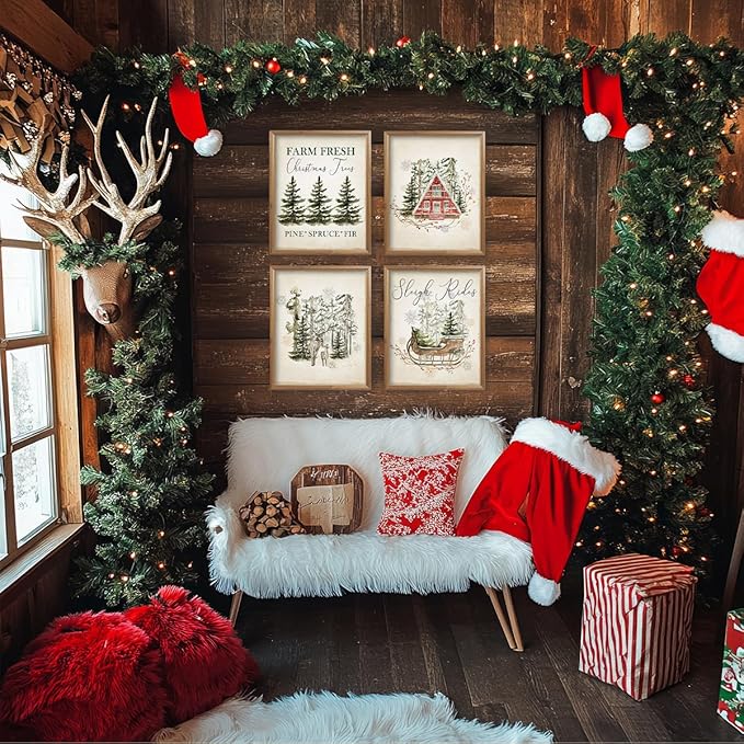 ETVISO Vintage Christmas Wall Decor Prints, Retro Christmas Tree Pictures Wall Art Decorations for Living Room Bedroom Kitchen Bathroom Office, Winter Holidays Gift Poster Set of 4 (8x10 Unframed)