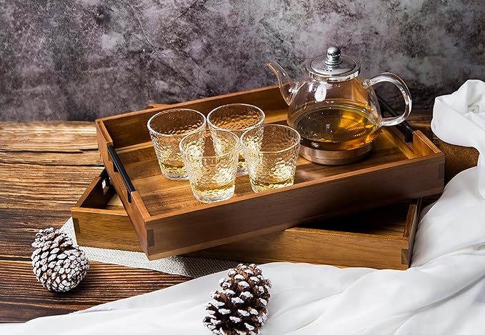 Extra-Large Wooden Tray Set of 2, (20.1'' + 18.1'') Serving Tray with Metal Handles, Rectangle Rustic Serving Trays for Breakfast, Used in Kitchen Counter, Coffee Table, Bedroom, Living Room