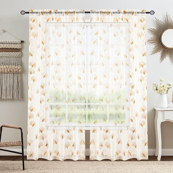 Gold Foil Print Sheer Curtains 84 inches Long, 2 Panels Ginkgo Bronzing Treatment Sheer Curtain, Rod Pocket Window Treatment Panels for Bedroom Living Room
