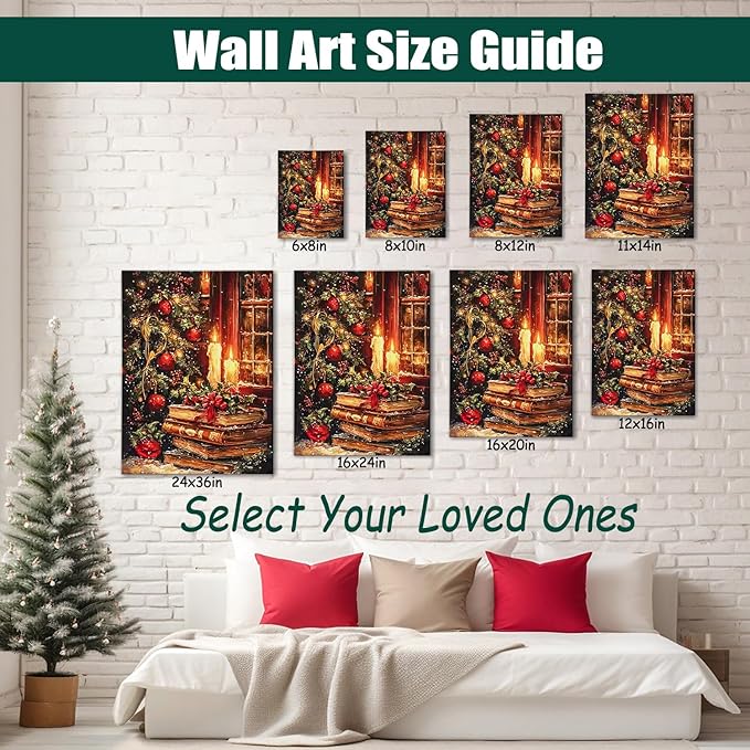Vintage Christmas Wall Art Framed Canvas Print, Rustic Moody Bookshelf Still Life for Christmas Decorations, Dark Academia Holiday Gift Idea & Winter Library Study Room Decor