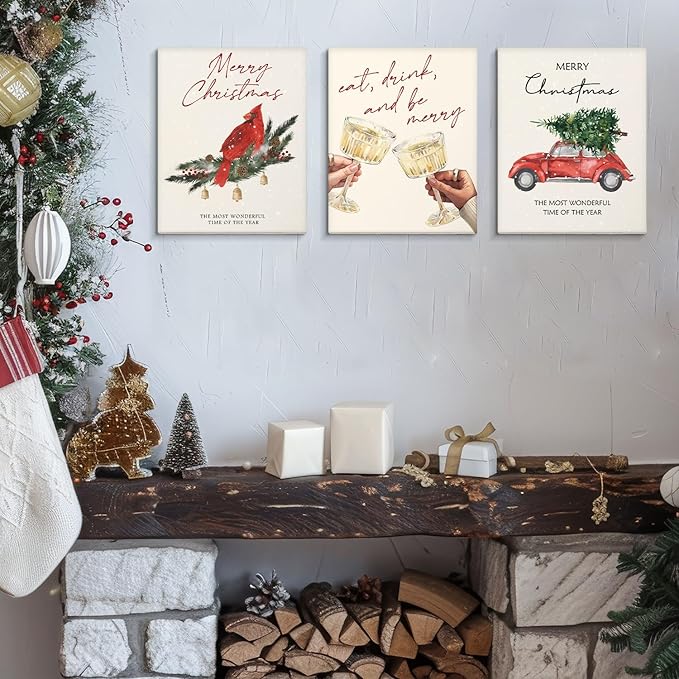 DSHFG Vintage Christmas Wall Decor, Rustic Canvas Art With Framed Set of 3, Farmhouse Party Decor for Home Living Room Bedroom, Merry Christmas 14x11 Inch