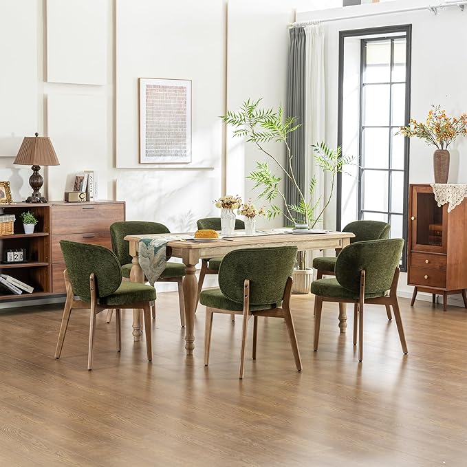 YOUNIKE Dining Chair with High Back Single Mid Century Modern Kitchen Chair Boucle Fabric Upholstered Armless Accent Chair 20" Wide Padded Seat with Wooden Legs for Living Room Bedroom Green