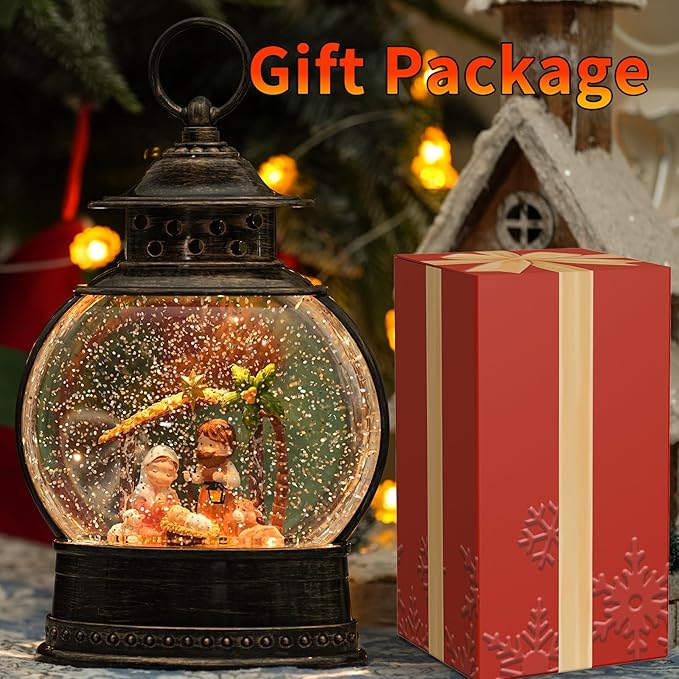 Christmas Nativity Snow Globe, 12" Musical Lighted Christmas Snow Globe Lantern, Christmas Nativity Set Indoor, Swirling Glitter Lanterns with Timer, Battery Operated/USB Powered Christmas Home Decor