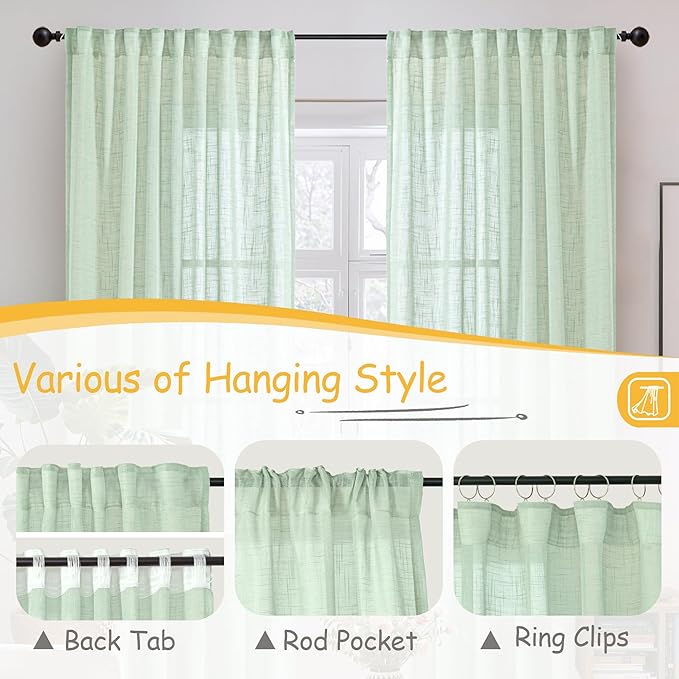 YoungsTex Sage Green Linen Curtains 40 Inch Length for Kitchen Window, Semi Sheer Drapes with Rod Pocket Back Tab Short Rustic Light Filtering for Cafe Bathroom Window, 2 Panels, 42 X 40 Inch