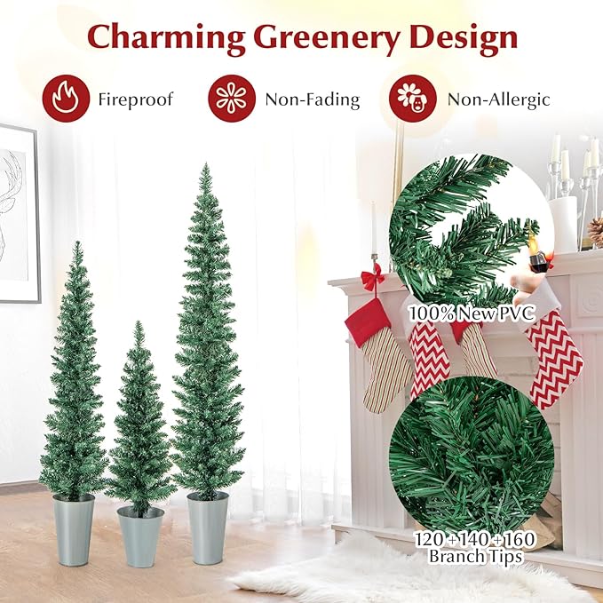 GOFLAME Set of 3 Potted Christmas Tree, 3’ 4’ 5’ Slim Pencil Trees with 120, 140, 160 Branch Tips & Cement-Filled Metal Bases, Artificial Entrance Xmas Trees for Porch, Front Door, Entryway