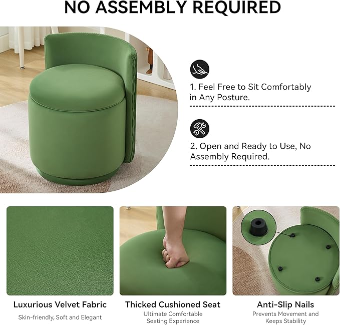 Velvet Vanity Chair with Storage, 360° Swivel Makeup Chair with Wave Back, No Assembly Small Accent Stool for Bedroom, Dressing, Living Room, Green