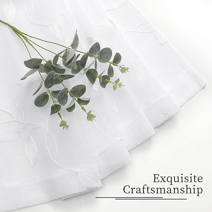 Tollpiz White Leaf Sheer Curtain Leaves Embroidered Bedroom Curtains Rod Pocket Voile Window Treatment for Living Room, 54 x 95 inches Long, Set of 2 Panels
