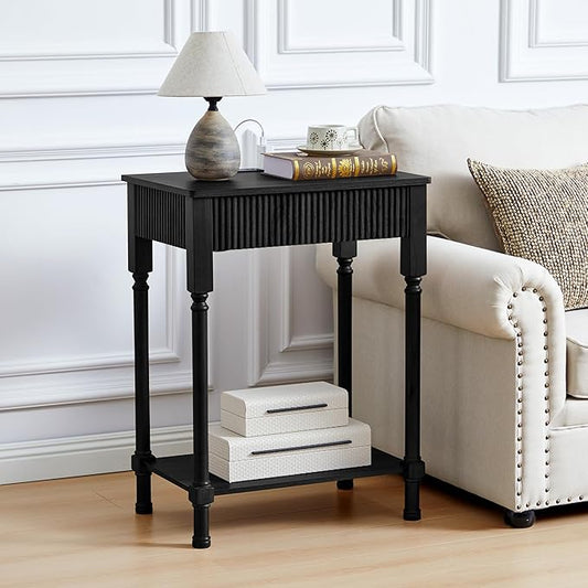 23.6” Large End Table with Charging Station, Modern Farmhouse Side Table Sofa Tables with Fluted Drawer, Wooden Bedside Table Night Stand for Bedroom Living Room Home Office, Black