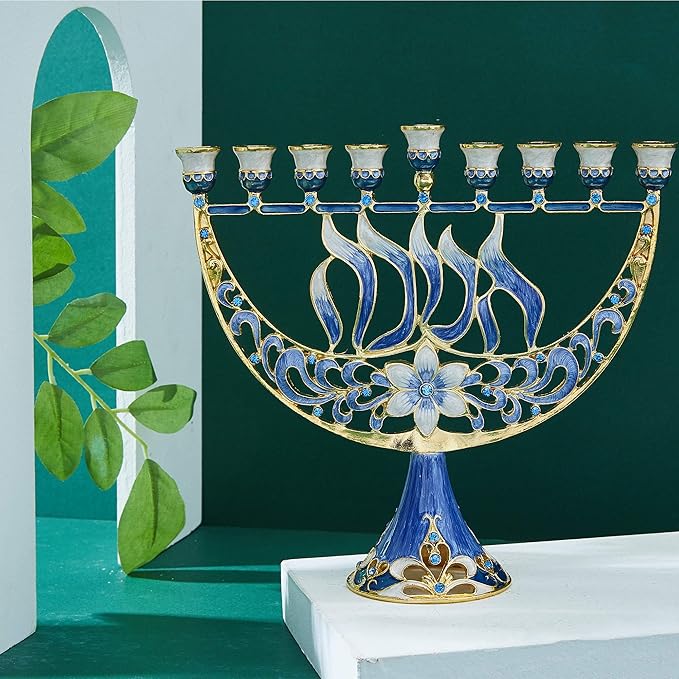 Matashi Hand Painted Enamel Menorah Candelabra with Flower and Hanukkah Design with Gold Accents and Crystals Jewish Candle Holder Hanukkah Gift Housewarming Present Showpiece for Living Room