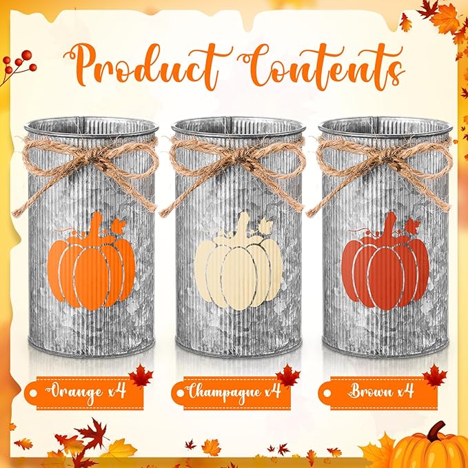 Domensi 12 Pcs Fall Table Centerpiece Pumpkin Vases Thanksgiving Decor Galvanized Metal Vases for Flowers Farmhouse Mason Jars Utensil Holder for Fall Home Thanksgiving Autumn Harvest Decorations