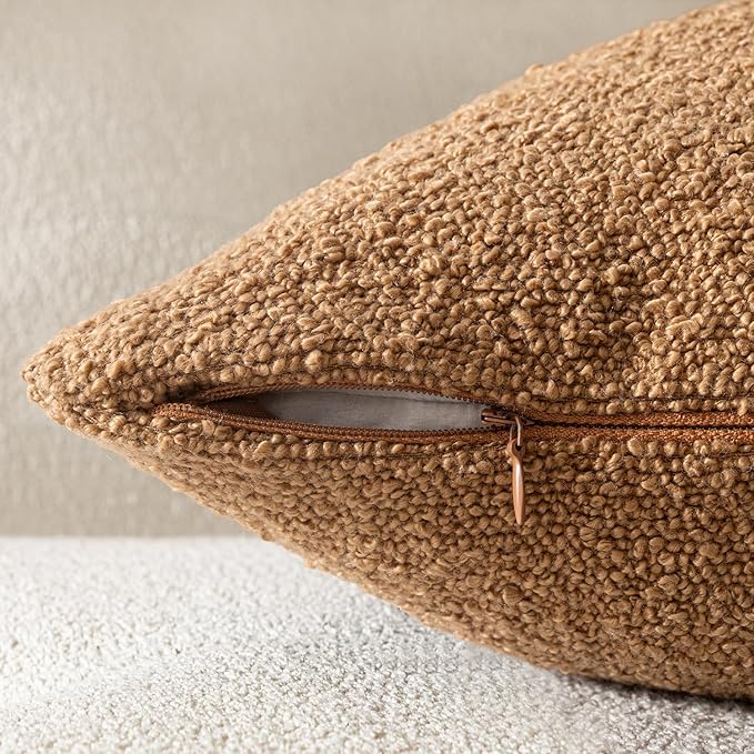 Woaboy Pack of 2 24x24 Inch Decorative Boucle Throw Pillow Covers Textured Square Pillowcaes Accent Euro Solid Cozy Soft Cushion Covers Home Decor for Sofa Couch Living Room Home Decor,Brown