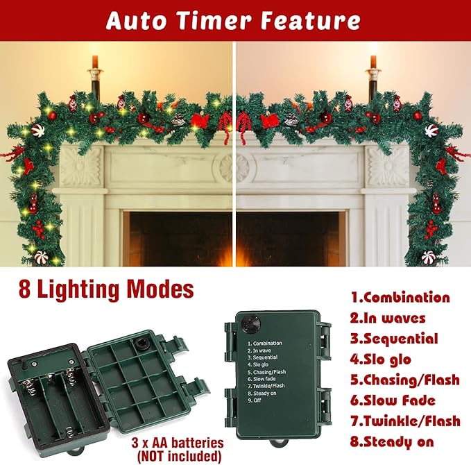 MorTime 4 Pack 9 FT LED Christmas Garland with Pinecones Red Berries Bows Christmas Balls Candies, Multi-Function Christmas Garland with 50 Warm White LED Lights, 180 Branch Tips