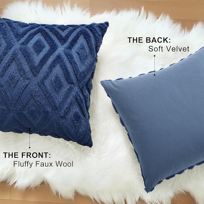 decorUhome Couch Throw Pillow Covers 16x16 Set of 2, Decorative Soft Plush Faux Wool Neutral Accent Pillow Covers for Bed Sofa Living Room, Blue