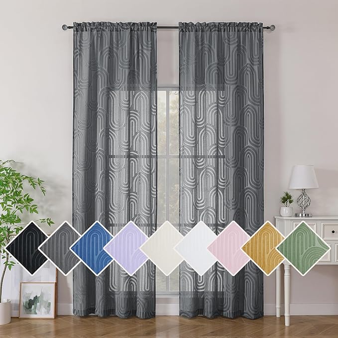 Simplebrand Charcoal Grey Sheer Curtains 96 Inches Long 2 Panels for Living Room, Jacquard Clip Textured Geometric Mid Century Sheer Curtains, Light Filtering Elegant Long Curtains Sheer, 42" Wx96 L