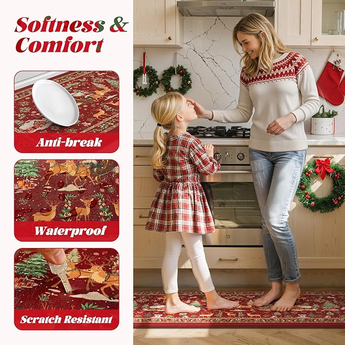 Collive Christmas Snowman Kitchen Floor Mats, Red Winter Xmas Tree Cushioned Anti Fatigue Kitchen Rugs 2 Piece Waterproof Elk Sled Sink Mat, Non Slip Foam Comfort Standing Desk Rug for Home Decor