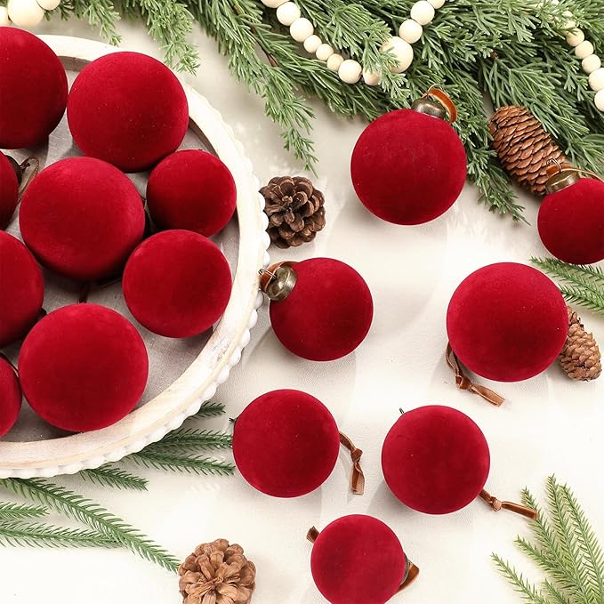 36 Pcs Velvet Christmas Balls Bulk - Flocked Christmas Tree Ball Ornaments Hanging Decoration for Xmas Tree, Wreath, Home or Party Decorations, 2.36", 2.76", 3.15"(Wine Red)