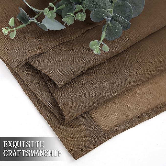 Tollpiz Short Sheer Curtain Linen Textured Living Room Curtains Sheer Light Filtering Rod Pocket Voile Curtain for Bedroom, 42 x 54 inches Long, Brown, Set of 2 Panels