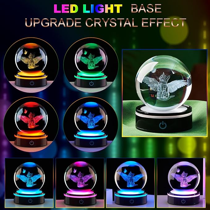 3D Crystal Cat and Butterfly Figurines Ball with Colorful Light Base, Meaningful Gifts for Women Men,Birthday Gifts for Cat Lover, Animal Collection for Home Decor