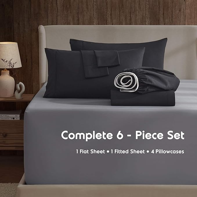 Nestl Extra Deep Cal King Sheet Set - 6 Piece Breathable & Cooling Sheets - Hotel Luxury Bedding Set w/18-24 Inch Deep Pockets - Easy & Secure Fit - Super Soft, Wrinkle Free & Comfy - Black