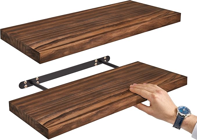 Sorbus Wood Floating Shelves for Wall - 24” Solid Wood Wall Shelves for Bathroom Decor, Books, Bedroom & Living Room - Set of 2 Walnut Wall Mounted Kitchen Shelves - Durable Solid Pine