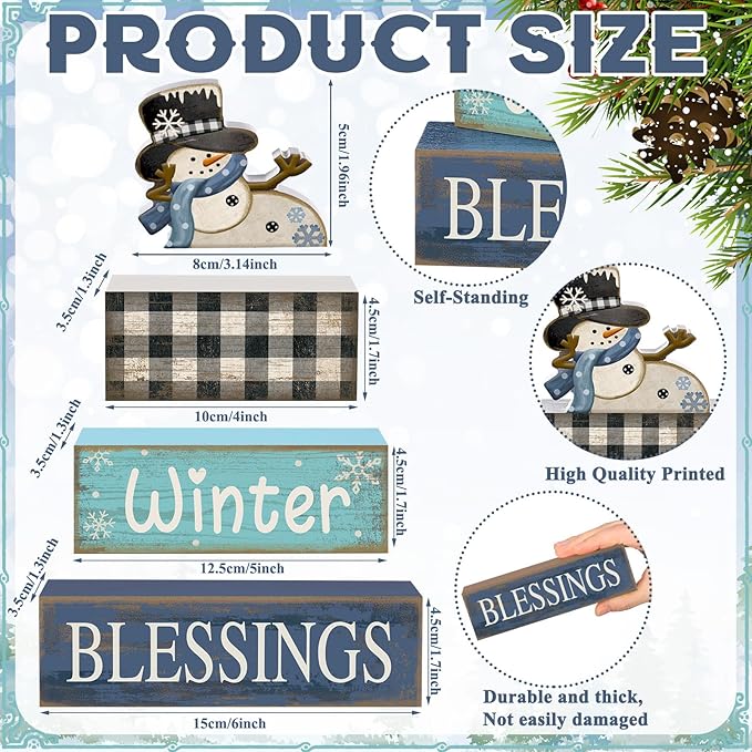 4 Pcs Christmas Table Decorations Winter Tiered Tray Decor Playful Snowman Decor Indoor Rustic Wooden Decorative Snowman Block Sign Gift Snowflake Centerpiece Farmhouse Xmas Signs for Kitchen